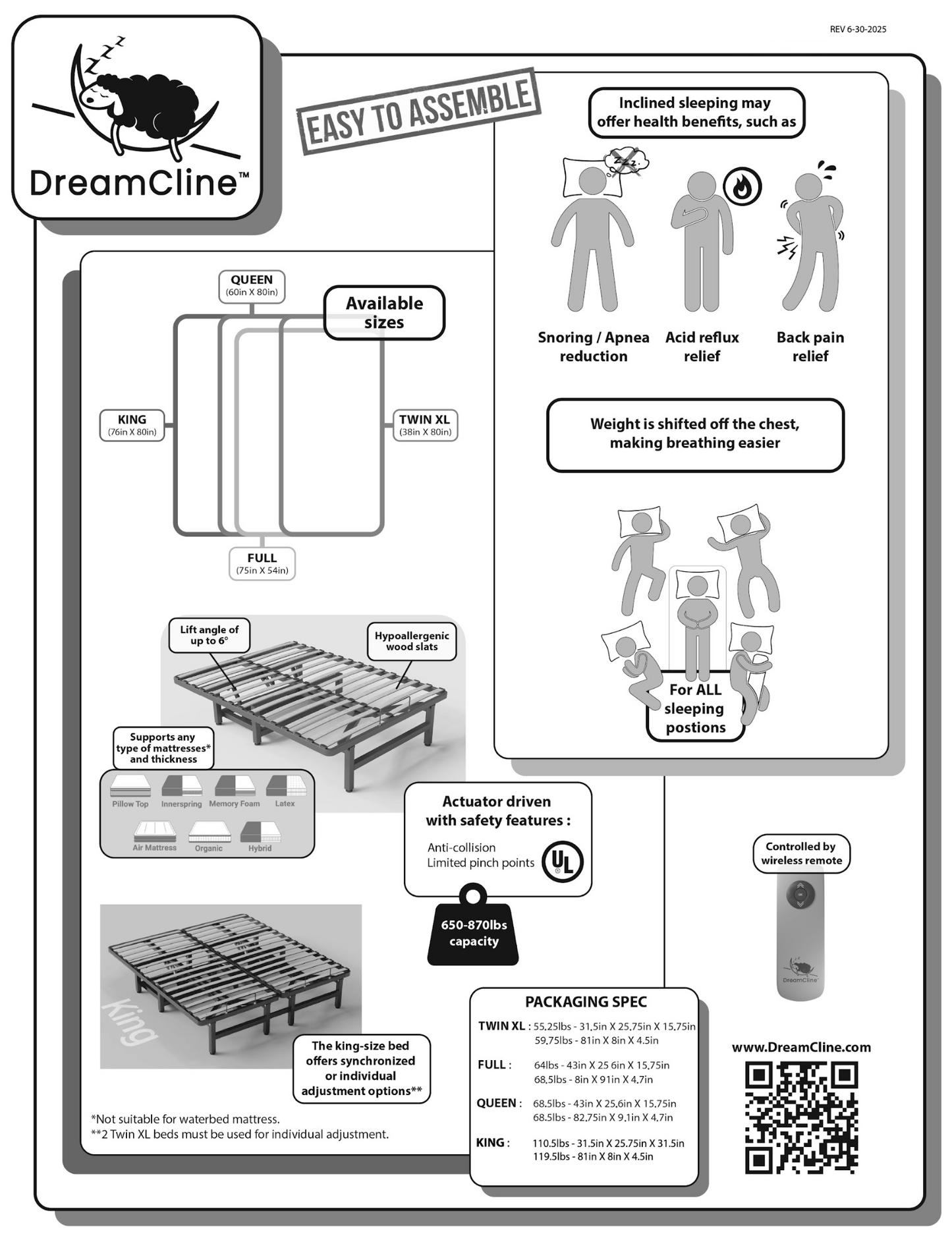 Queen Size DreamCline™ Adjustable Incline Bed Frame DC650Q